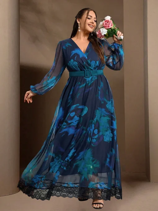 Casual Elegant Plus Size Floral Print Lantern Sleeve Maxi Dress - Image 5