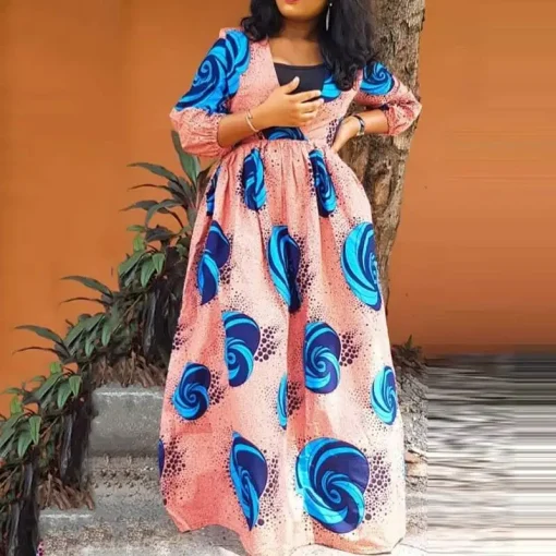 Bohemian Printed Maxi Dress with V Neck and 3/4 Sleeves - Image 5