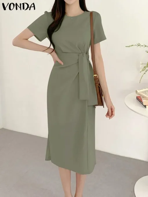 Women’s Elegant Pleated Waist Midi Shirt Dress - Image 2