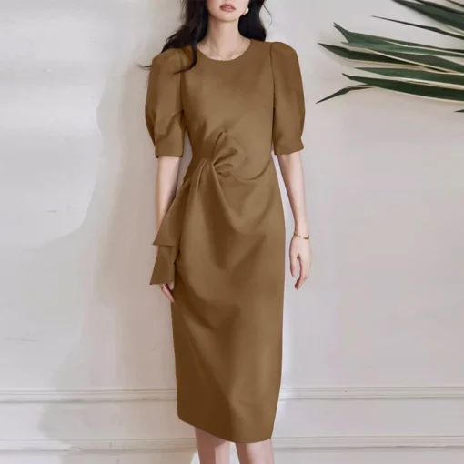 Women’s Elegant Puff Sleeve Solid Color Midi Dress