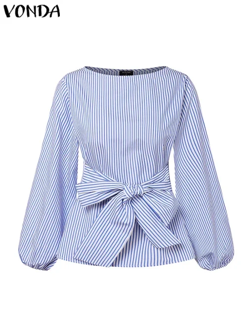 Plus Size Long Sleeve Striped Blouse for Women - Image 2