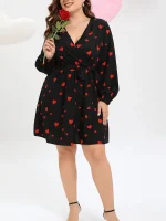 Plus Size Elegant Heart Pattern Long Sleeve Summer Dress