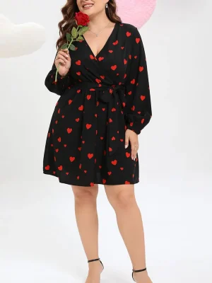 Plus Size Elegant Heart Pattern Long Sleeve Summer Dress