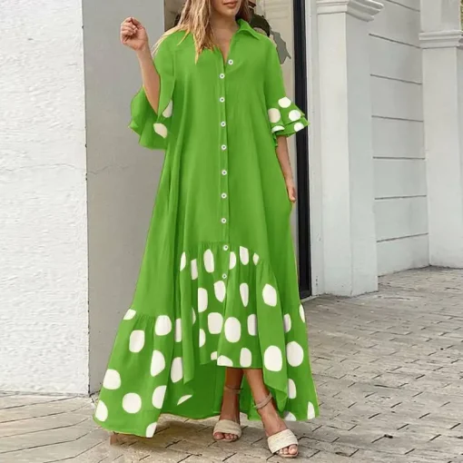 Plus Size Bohemian Polka Dot Maxi Ruffle Dress