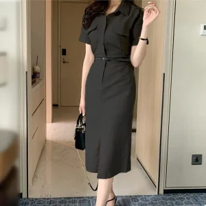 Fashionable Summer Midi Dress with Lapel Buttons for Women