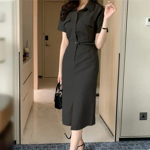 Fashionable Summer Midi Dress with Lapel Buttons for Women