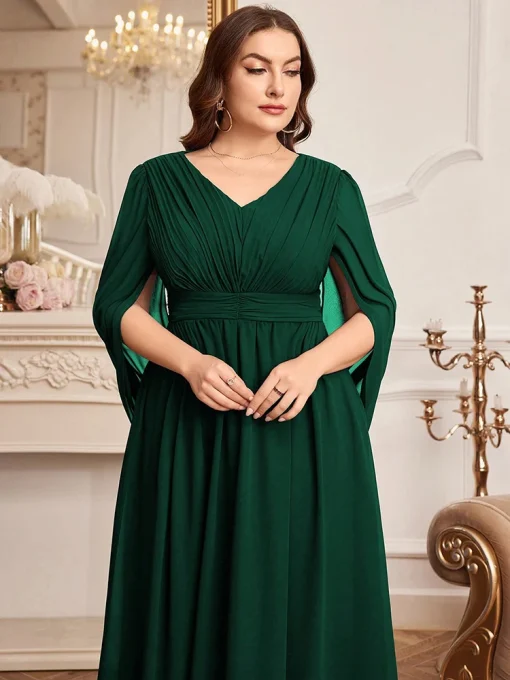 Luxury V-Neck Solid Dress with Embellished Waistband for Plus Size - Image 3