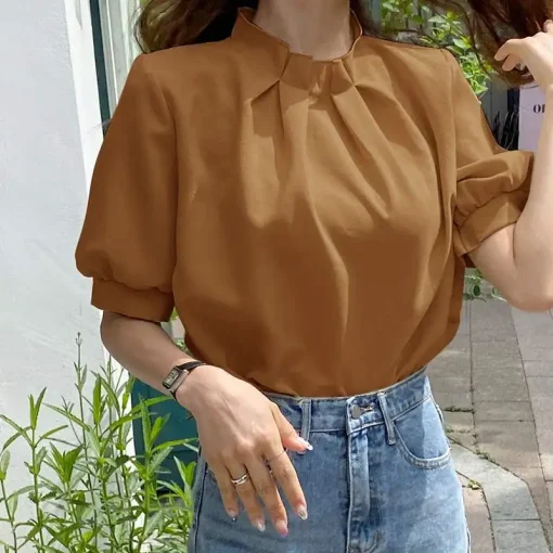 Women’s Elegant Short Puff Sleeve Office Blouse - Image 5