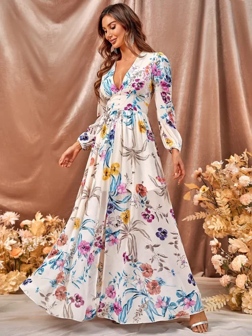 Elegant Floral Long Sleeve Maxi Dress for Spring Parties - Image 2