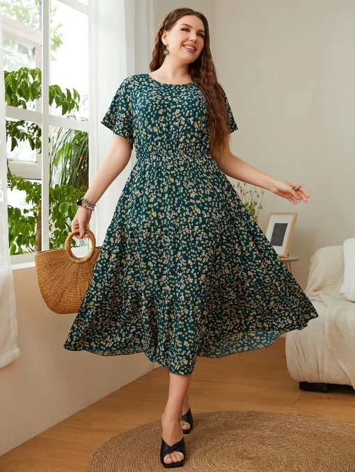 Elegant Plus Size Floral Printed O-Neck Casual Party Dress - Image 3