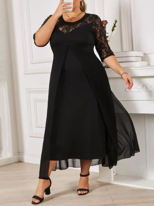 Elegant Plus Size Solid Black Knit Split Summer Dress - Image 4