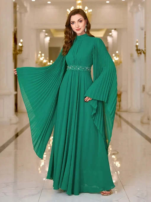 Luxury Women’s Pearl Embellished Batwing Sleeve Pleated Dress - Image 2