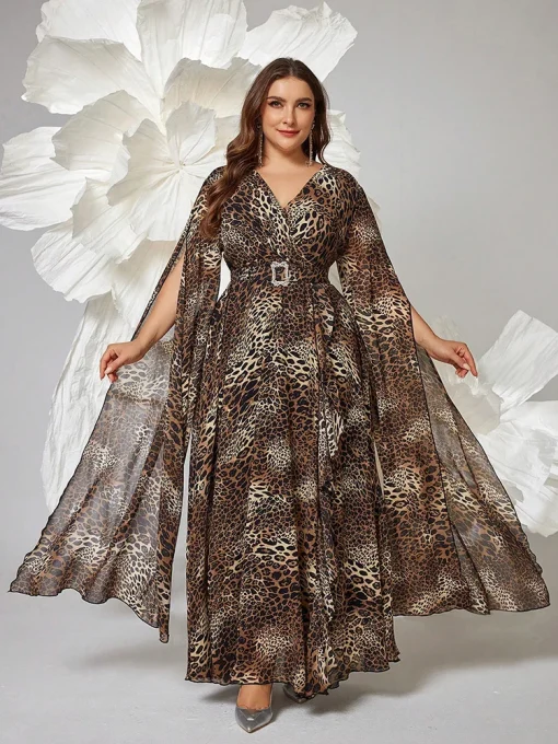 Plus Size Women's V-Neck Long Sleeve Leopard Print Dress - Image 6