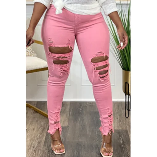 Plus Size Casual Solid Color Ripped Cuffed Skinny Jeans