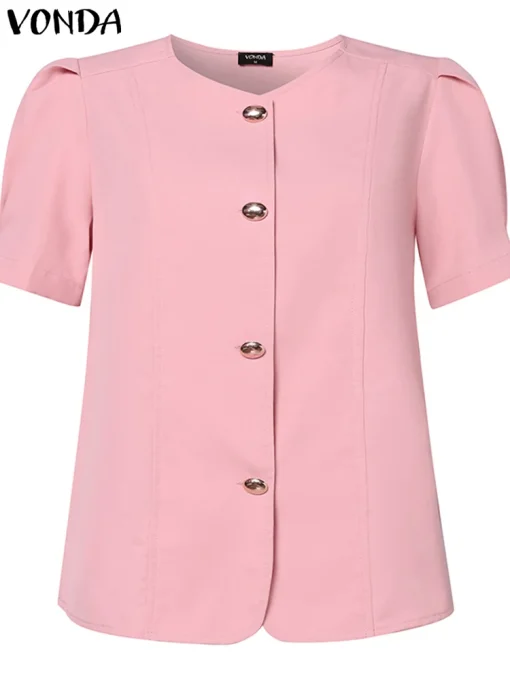 Elegant Summer Short Sleeve Blouse with Button Details - Image 2