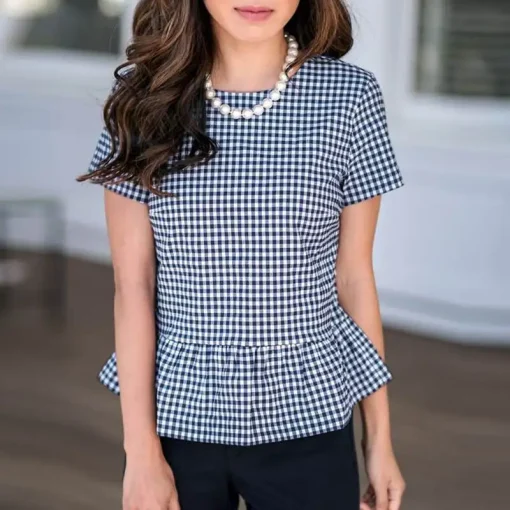 Bohemian Printed Short Sleeve Plaid Ruffled Blouse - Image 6