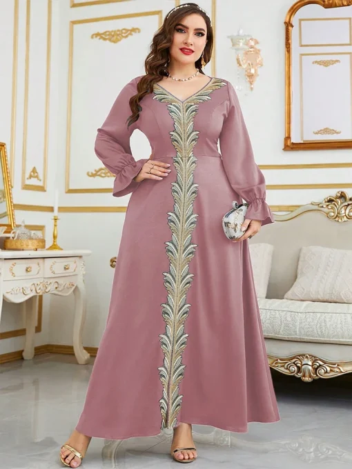 Plus-Size Women V-neck Loose Maxi Muslim Middle East Dress - Image 3