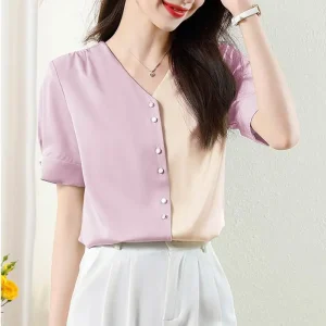 Elegant V-Neck Short Sleeve Summer Blouses for Women
