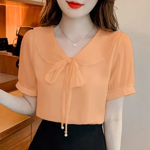 Elegant Short Puff Sleeve Bow Tie Summer Blouse - Image 9