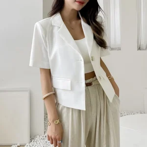 Elegant Women’s Short Sleeve Blazer, Casual Lapel Coat