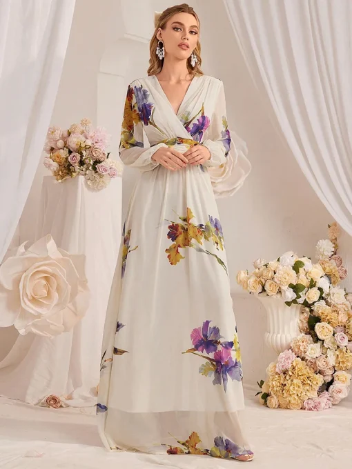 Elegant Floral Print V-Neck Lantern Sleeve High Waist Dress - Image 6