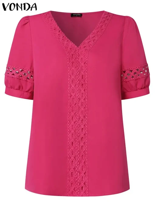 Elegant V-Neck Short Sleeve Casual Tunic Blouse - Image 2