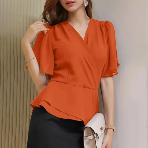 Women’s Elegant V-Neck Ruffle Short Sleeve Blouse - Image 6