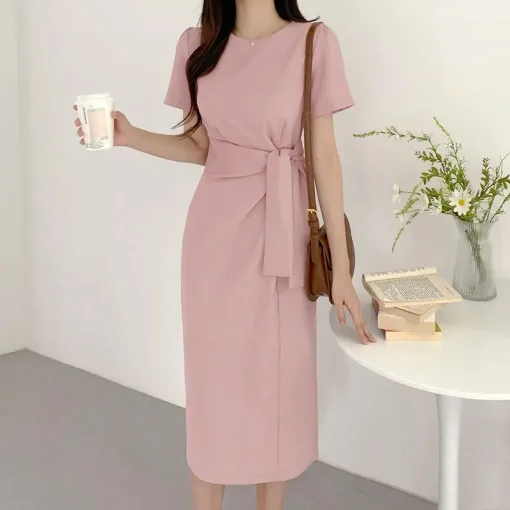 Women’s Elegant Pleated Waist Midi Shirt Dress - Image 6