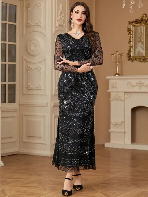 Elaborate Sequin Beaded Long Arabian Formal Evening Maxi Dress