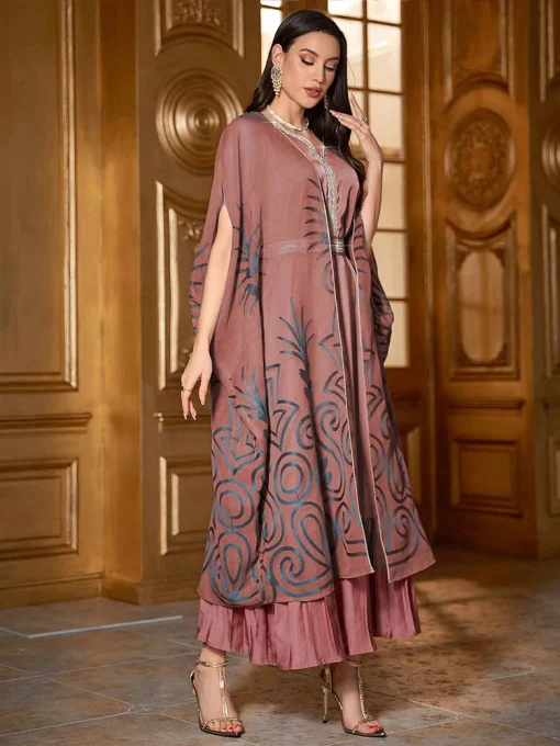 Elegant Pleated Print Two-Piece Ankle-Length Muslim Dress - Image 5