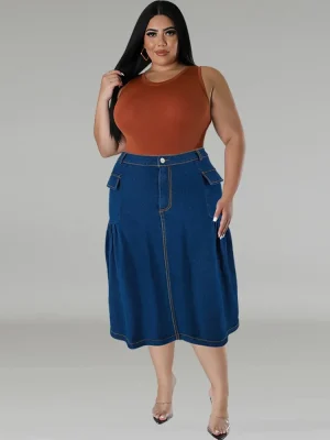 Plus Size High Waist Button A-Line Denim Midi Skirt