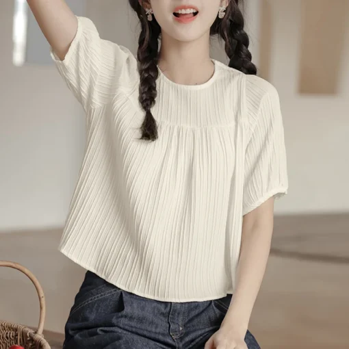 Elegant Summer Short Puff Sleeve O-Neck Blouse - Image 5