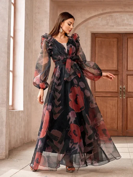 Floral Printed Lantern Sleeve Long Dress with Ruffled Hem - Image 5