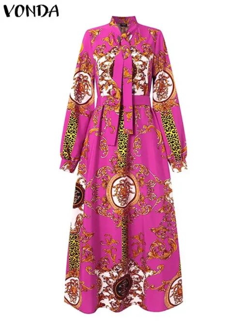 Bohemian Maxi Dress with Long Sleeves and Belt - Image 3