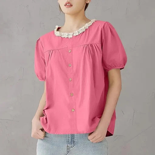 Women's Puff Sleeve Lace Patchwork Tunic Blouse - Image 6