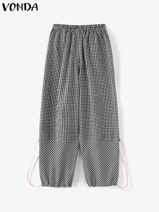 Elegant Plaid Wide Leg Trousers with Drawstring Detail - Image 3