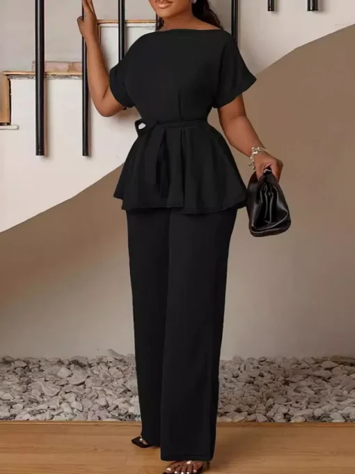 Plus Size Summer Autumn Black Top and Pants Set