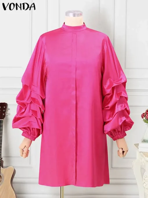 Elegant Satin Ruffled Dress with Long Sleeves and Stand Collar - Image 2