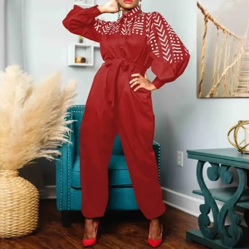 Women Vintage Printed Long Sleeve Belted Jumpsuit - Image 6