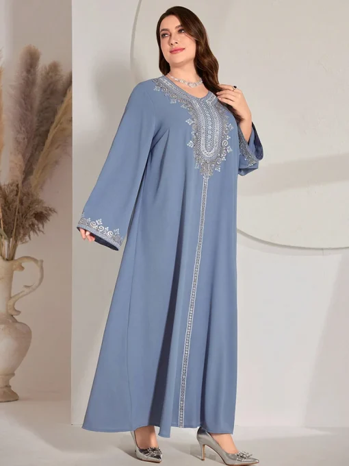 Plus Size V-Neck Sequin Embroidered Long Sleeve Maxi Dress - Image 3