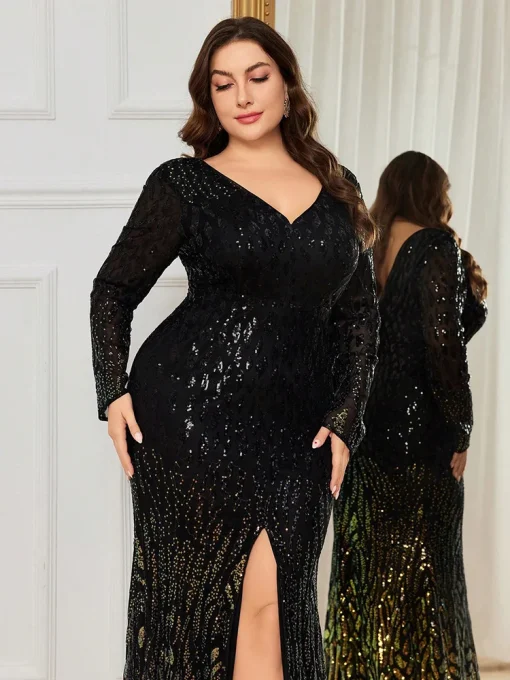 Luxury Elegant Plus Size V-Neck Sequin Slit Evening Gown - Image 3