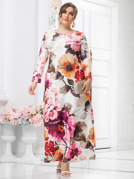 Plus Size White Floral Print Long Sleeve Maxi Dress - Image 3