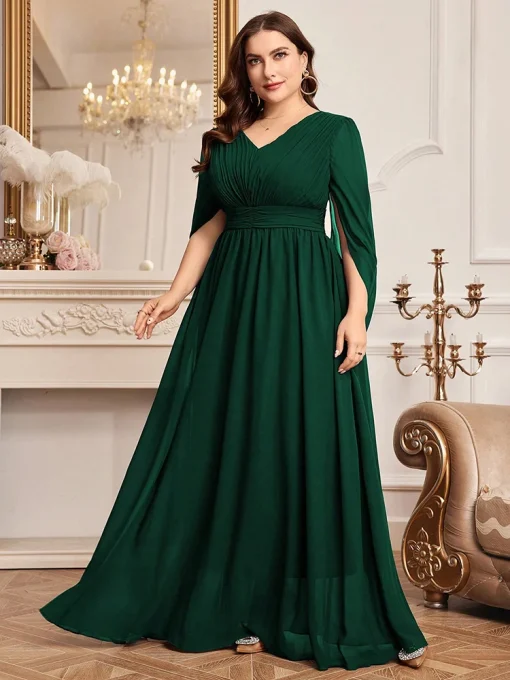 Luxury V-Neck Solid Dress with Embellished Waistband for Plus Size - Image 4