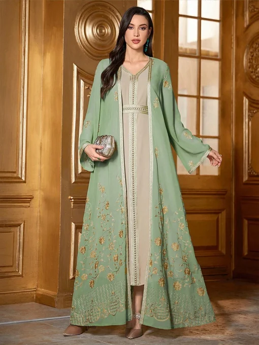 Women’s Floor-Length Chiffon Embroidered Two-Piece Dubai Dress