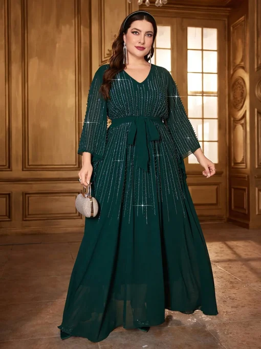 Plus Size Beaded Bell Sleeve Belted Formal Maxi Dress - Image 2