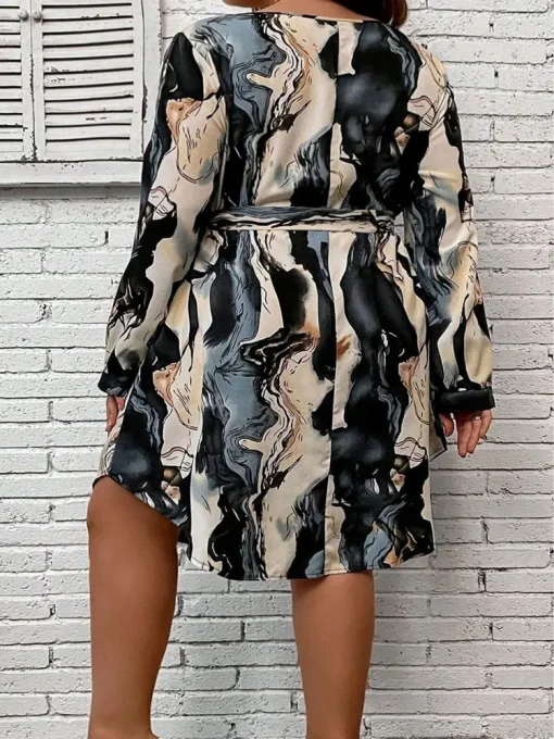 Elegant Plus Size Floral Print Long-Sleeved Lace-up Dress