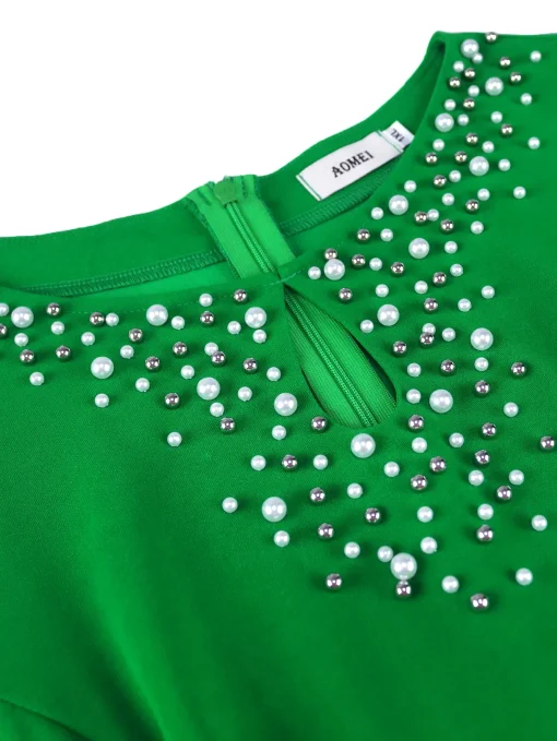 Green Elegant A-Line Dress with Beading and Puff Sleeves - Image 4