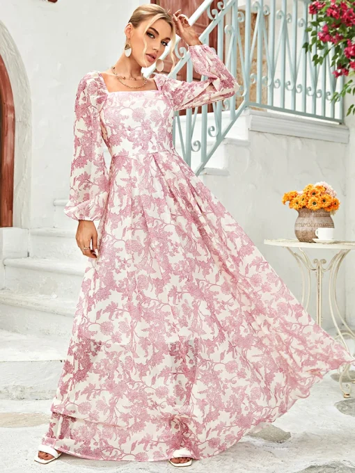 Women’s Floor-Length Stylish Print Boho Lantern Sleeve Dress - Image 4