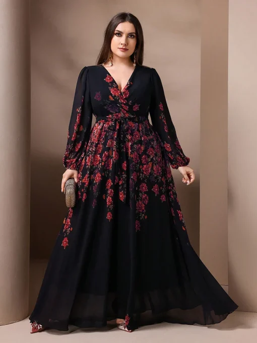 Elegant Plus Size Floral Print V-Neck Long Sleeve Maxi Dress - Image 4