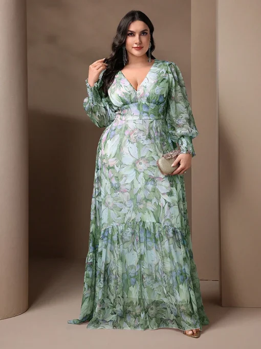 Plus Size V-Neck Lantern Sleeve Ruffle Floral Vacation Dress - Image 2